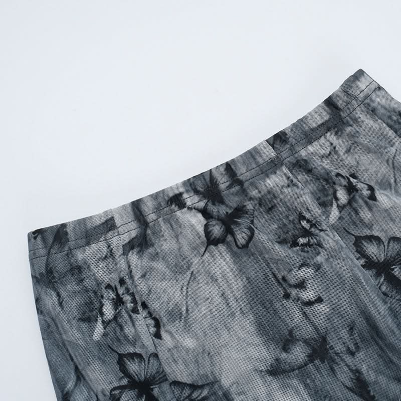 Butterfly print mesh ruffle maxi skirt