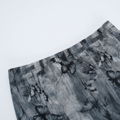 Butterfly print mesh ruffle maxi skirt