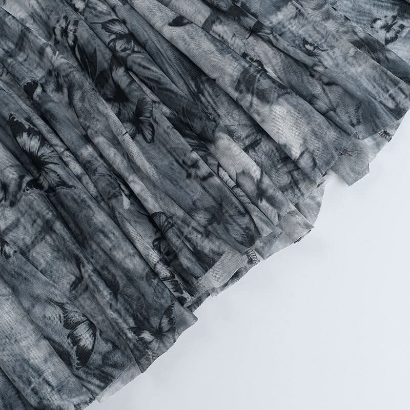 Butterfly print mesh ruffle maxi skirt