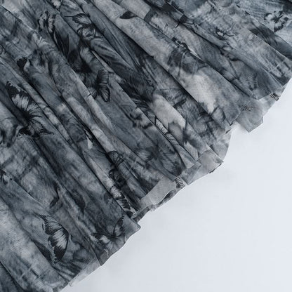 Butterfly print mesh ruffle maxi skirt