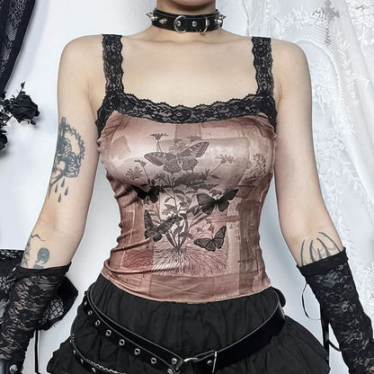 Lace hem butterfly print cami top