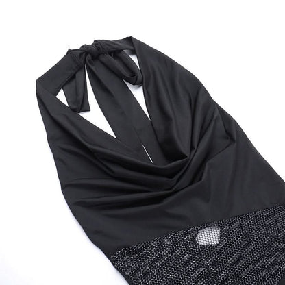 Halter cowl neck fishnet patchwork ruched maxi dress