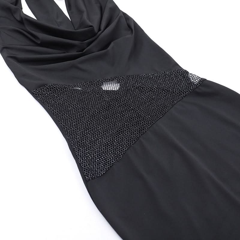 Halter cowl neck fishnet patchwork ruched maxi dress