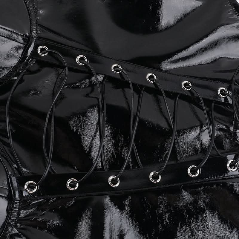 Halter PU leather lace up backless top