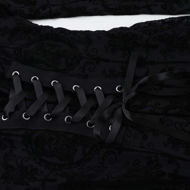 Long flared sleeve lace up mesh slit maxi dress