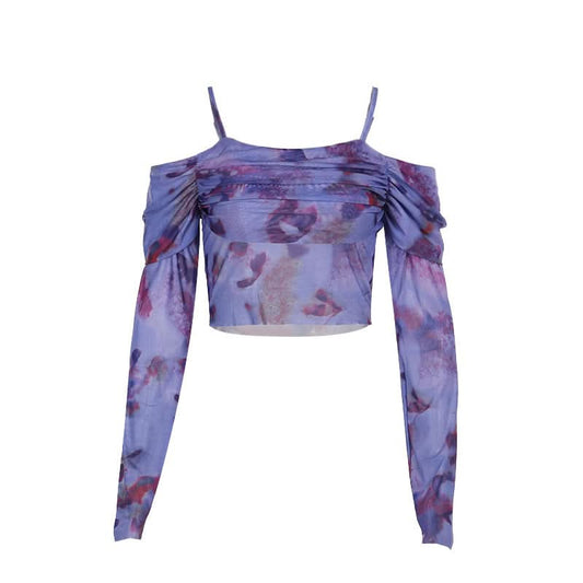 Off shoulder long sleeve mesh print top