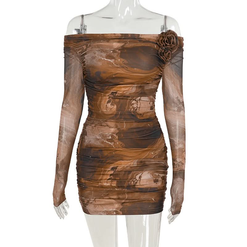 Off shoulder long sleeve flower applique ruched mini dress