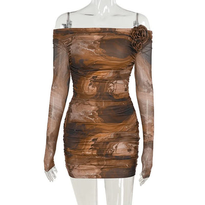 Off shoulder long sleeve flower applique ruched mini dress