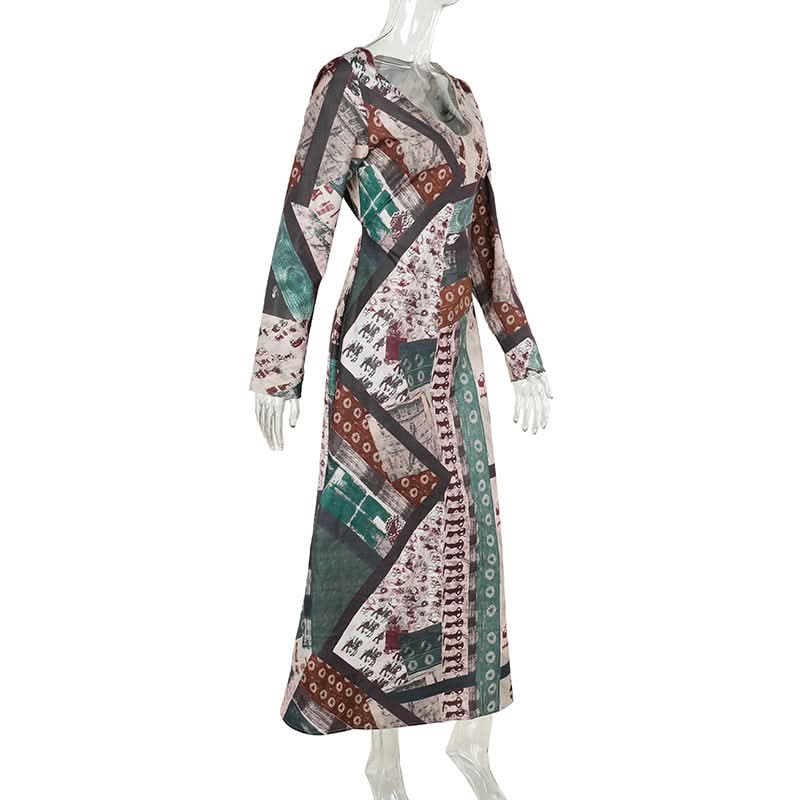 Long sleeve v neck contrast zip-up maxi dress