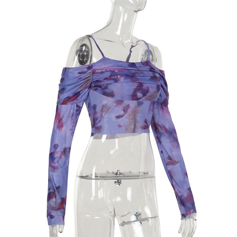 Off shoulder long sleeve mesh print top