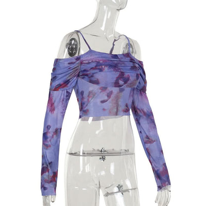 Off shoulder long sleeve mesh print top
