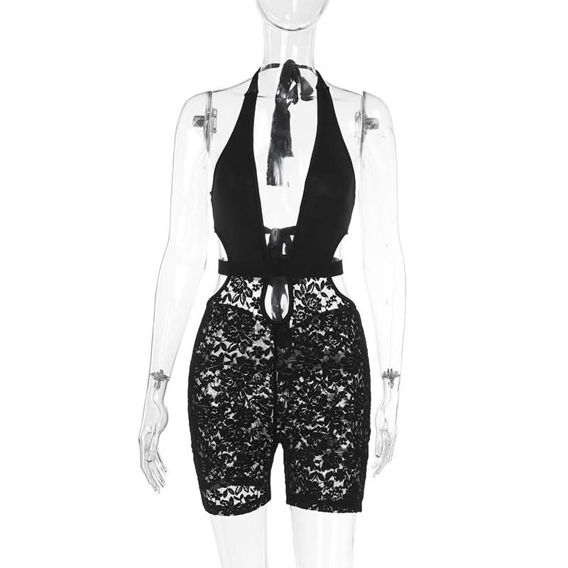 Halter v neck hollow out lace self tie romper