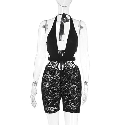Halter v neck hollow out lace self tie romper