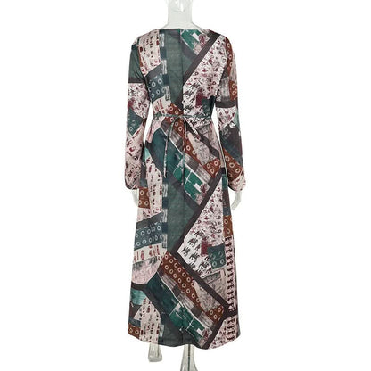 Long sleeve v neck contrast zip-up maxi dress