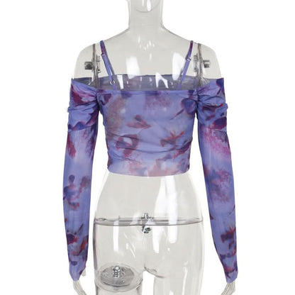 Off shoulder long sleeve mesh print top