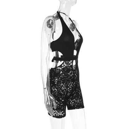 Halter v neck hollow out lace self tie romper