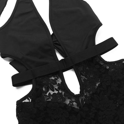Halter v neck hollow out lace self tie romper