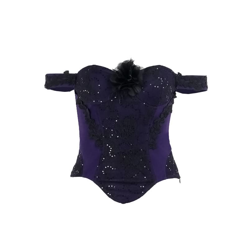 Off shoulder embroidery glitter flower applique top