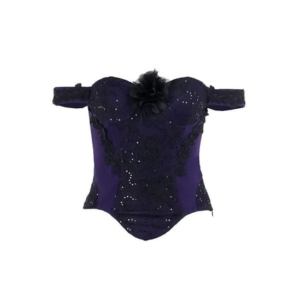Off shoulder embroidery glitter flower applique top