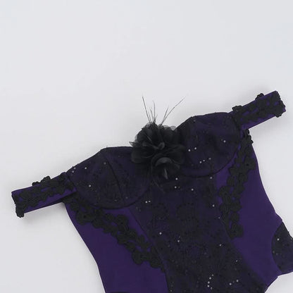 Off shoulder embroidery glitter flower applique top