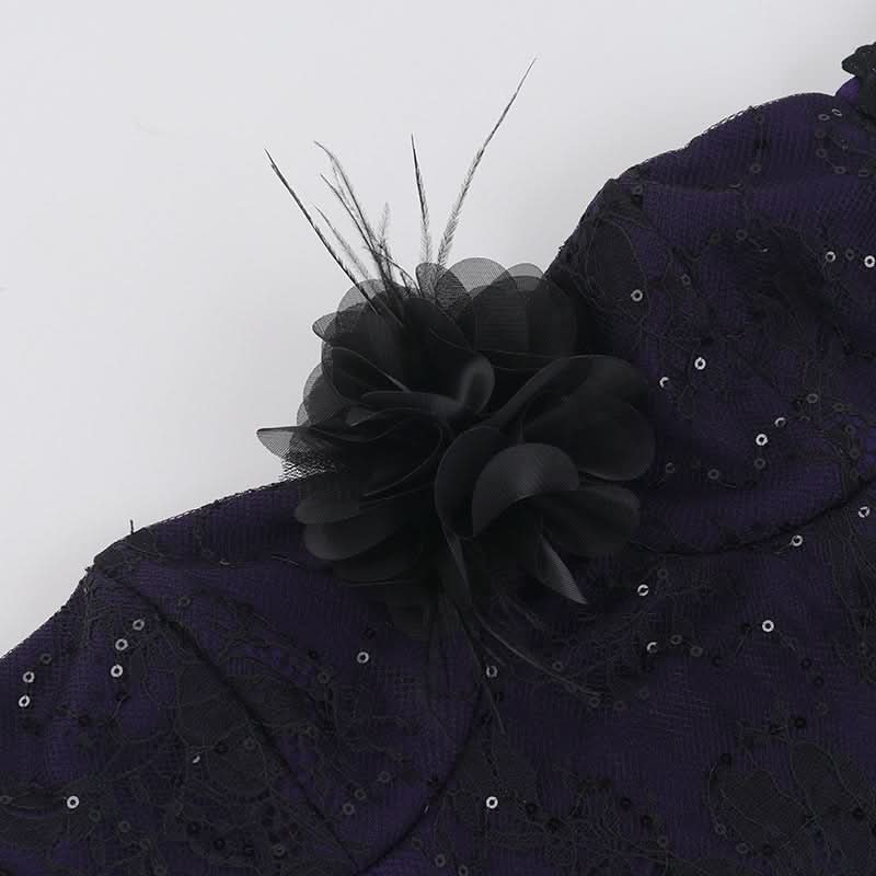 Off shoulder embroidery glitter flower applique top