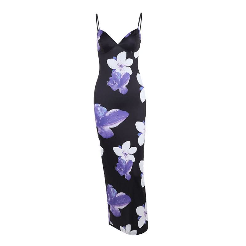 V neck flower print cami maxi dress