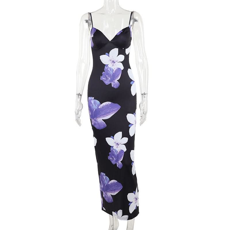 V neck flower print cami maxi dress