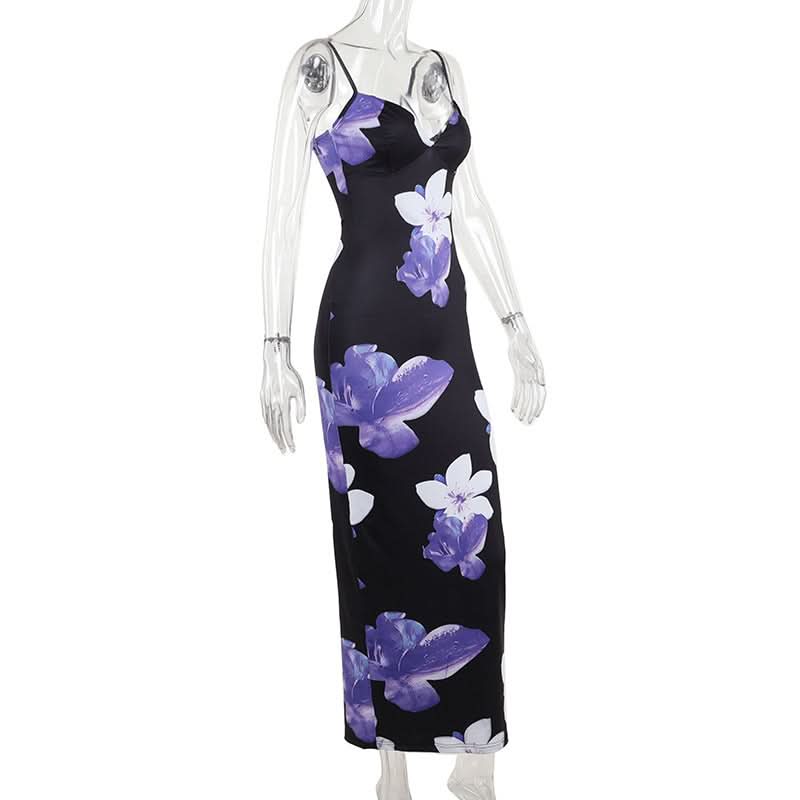 V neck flower print cami maxi dress