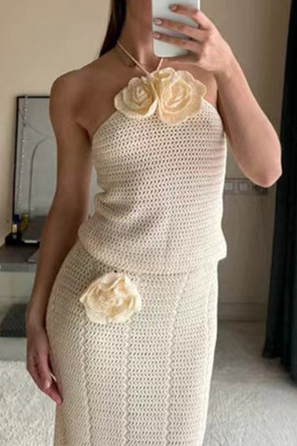 Sexy Hook Flower Patchwork Halter Sleeveless Two Pieces