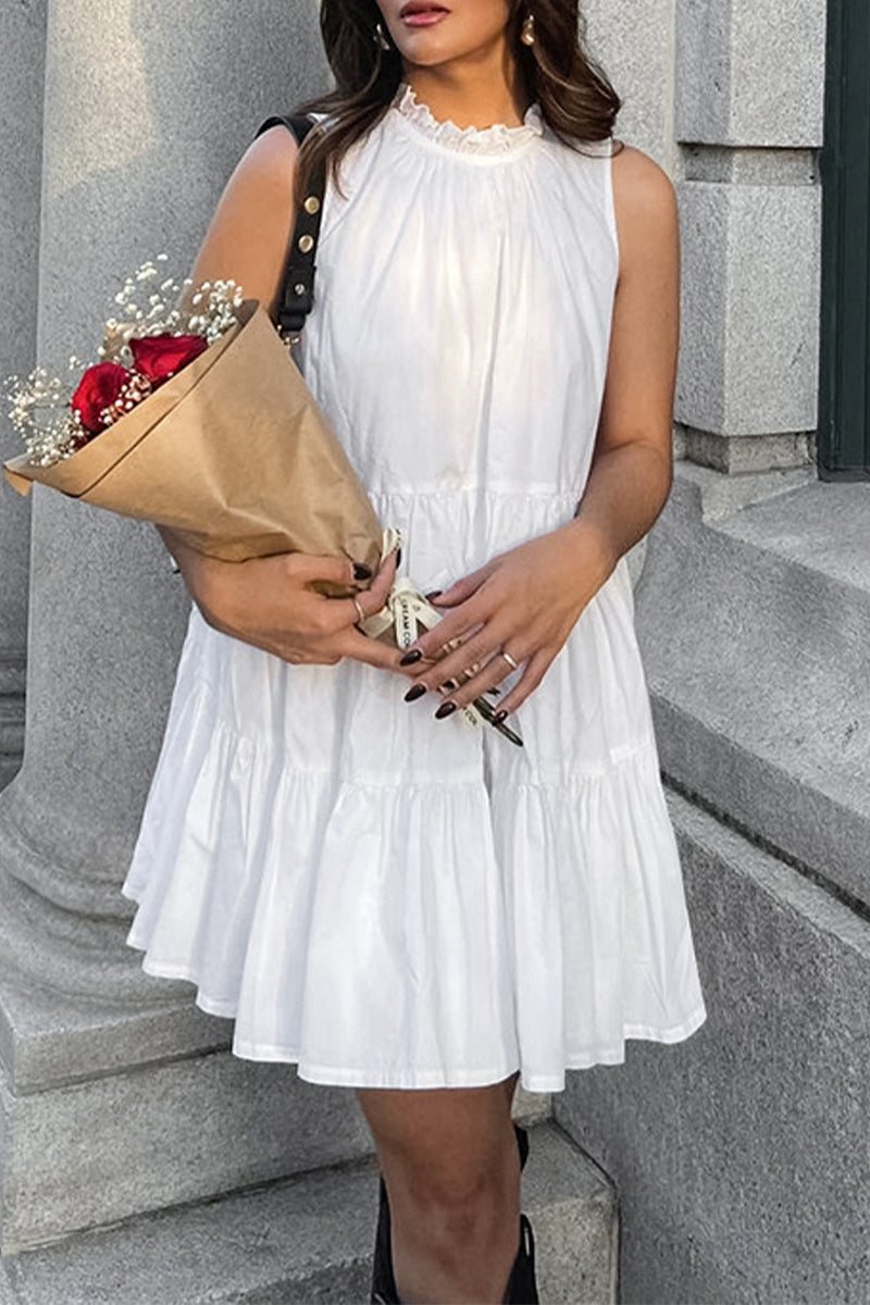 Casual Patchwork Ruffle O Neck Sleeveless Dresses