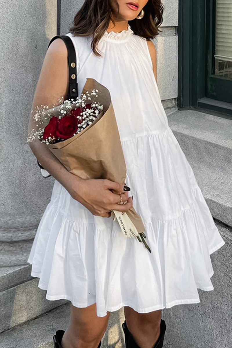 Casual Patchwork Ruffle O Neck Sleeveless Dresses