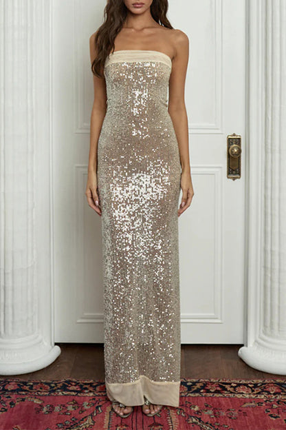Sexy Sequins Slit Sequined Strapless Long Dresses(3 Colors)