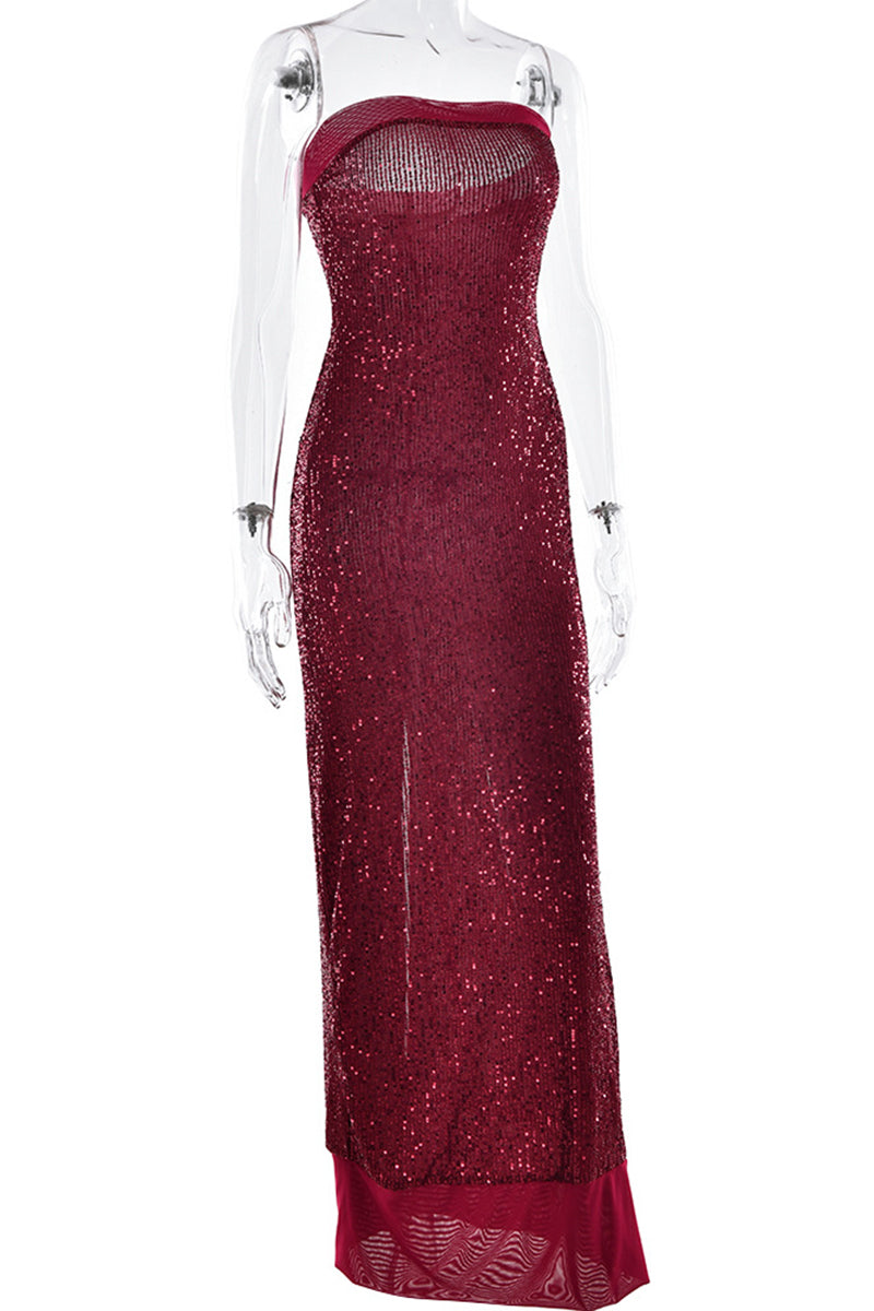 Sexy Sequins Slit Sequined Strapless Long Dresses(3 Colors)