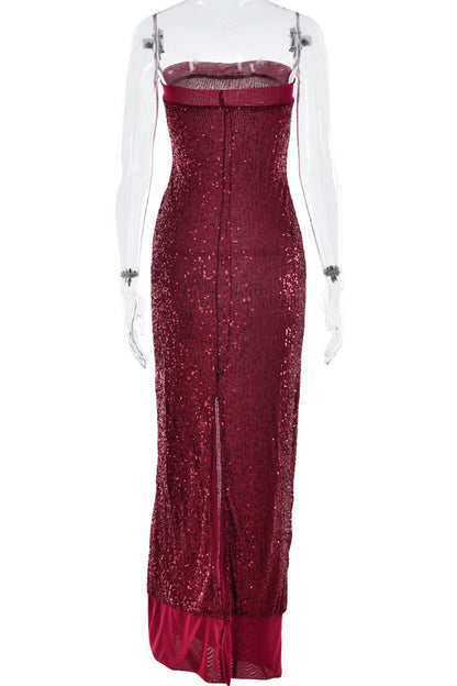 Sexy Sequins Slit Sequined Strapless Long Dresses(3 Colors)