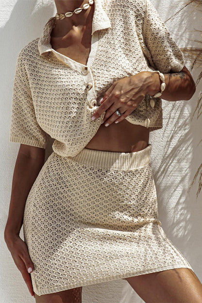 Casual Hollow Out Buttons Turndown Collar Short Sleeve Two Pieces