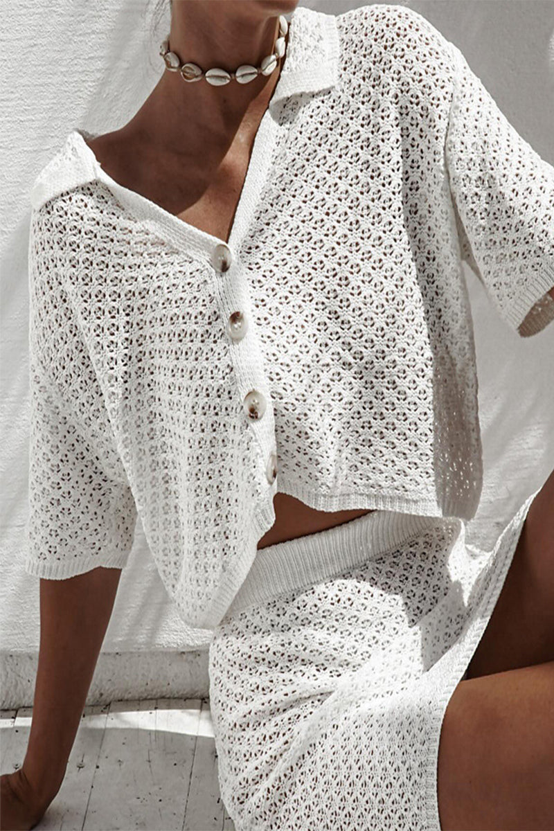 Casual Hollow Out Buttons Turndown Collar Short Sleeve Two Pieces