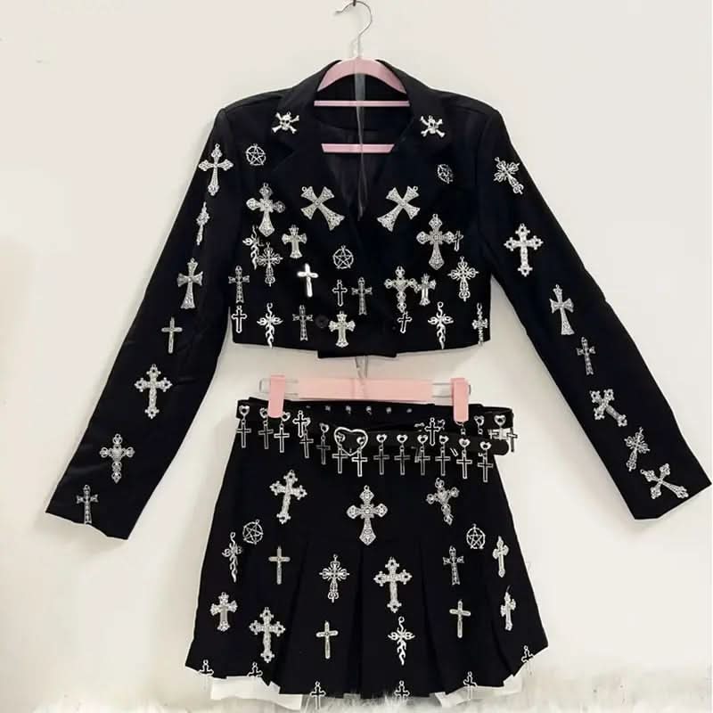 Long sleeve cross applique belt mini skirt set