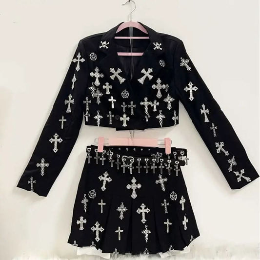 Long sleeve cross applique belt mini skirt set