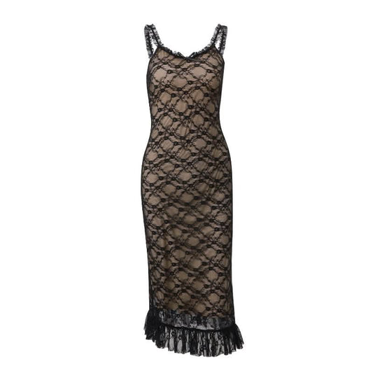 V neck lace hem ruffle mesh cami maxi dress