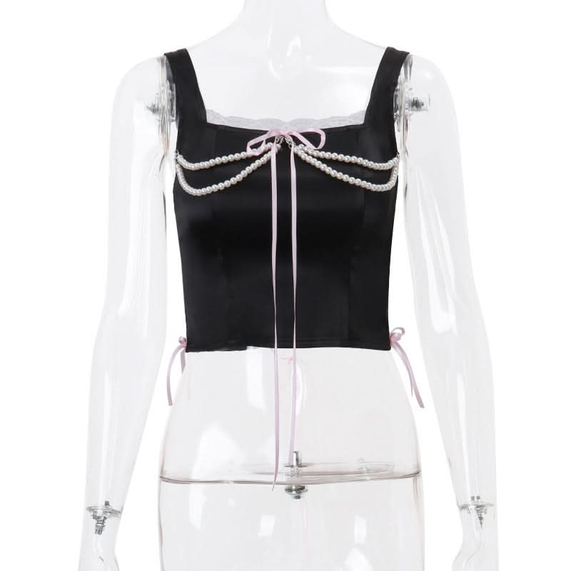 Beaded lace hem bowknot lace up top