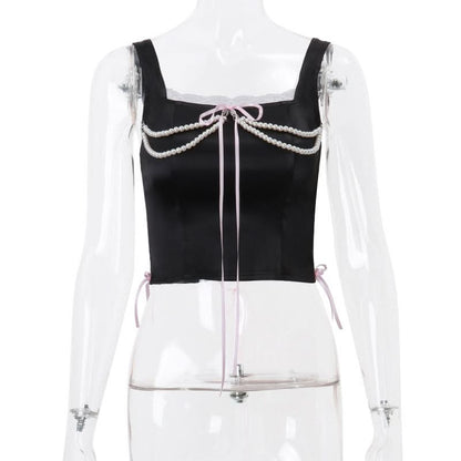 Beaded lace hem bowknot lace up top