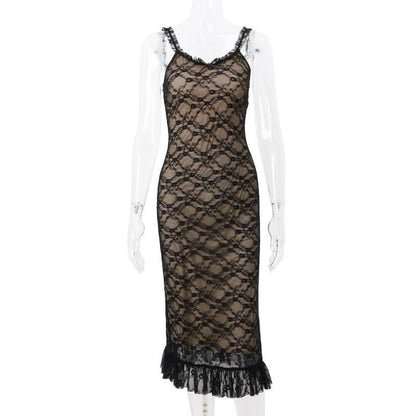 V neck lace hem ruffle mesh cami maxi dress