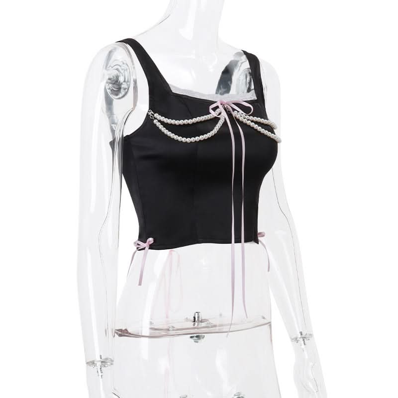 Beaded lace hem bowknot lace up top