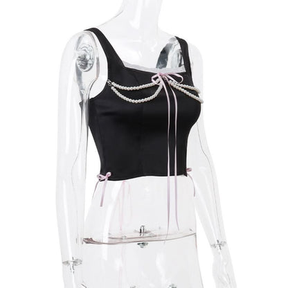 Beaded lace hem bowknot lace up top