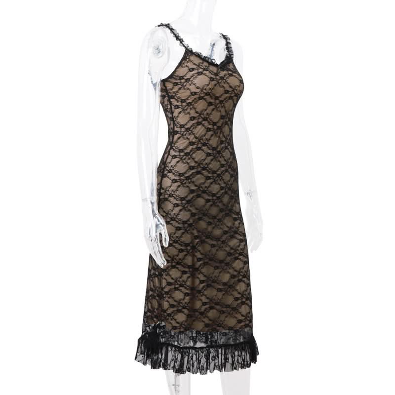 V neck lace hem ruffle mesh cami maxi dress