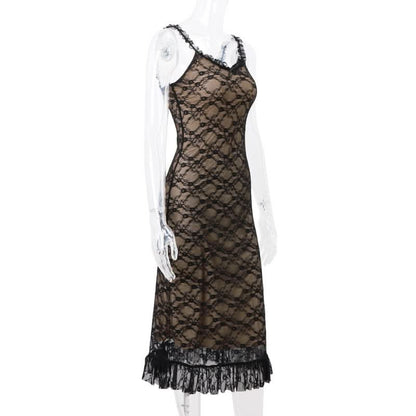 V neck lace hem ruffle mesh cami maxi dress