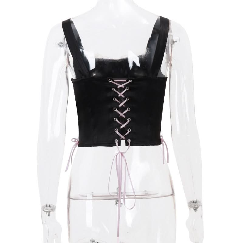 Beaded lace hem bowknot lace up top