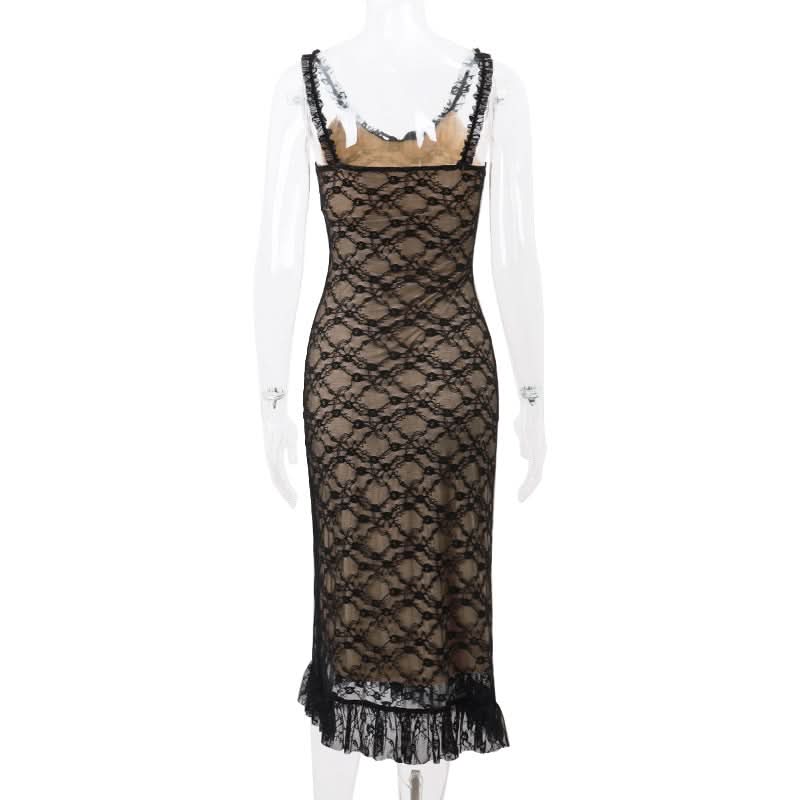 V neck lace hem ruffle mesh cami maxi dress