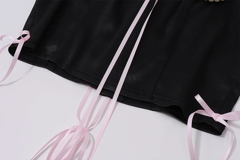 Beaded lace hem bowknot lace up top