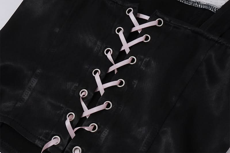 Beaded lace hem bowknot lace up top